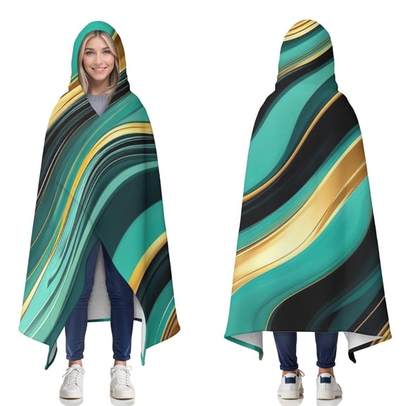 Wearable Blanket,Teal Gold Marble Pattern Hooded Wearable Sherpa Blanket for Adults & Teens,Winter Poncho Shawl Wrap Cape Thick Warm,50"x60"