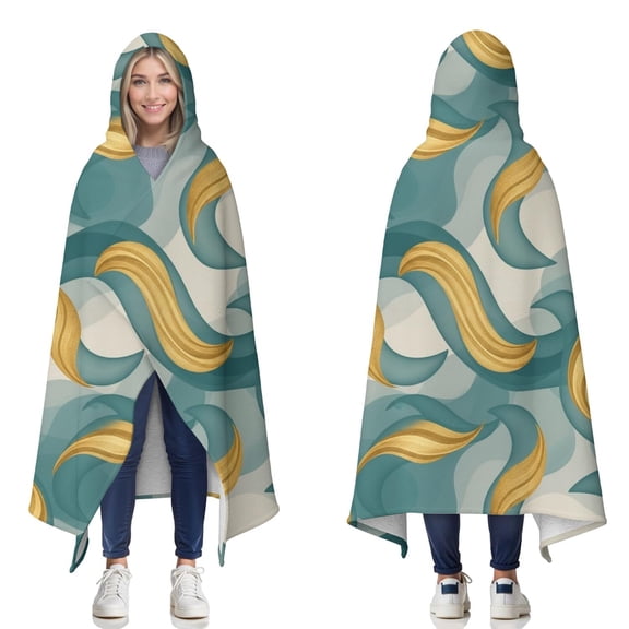 Wearable Blanket,Teal Gold Marble Pattern Hooded Wearable Sherpa Blanket for Adults & Teens,Winter Poncho Shawl Wrap Cape Thick Warm,50"x60"