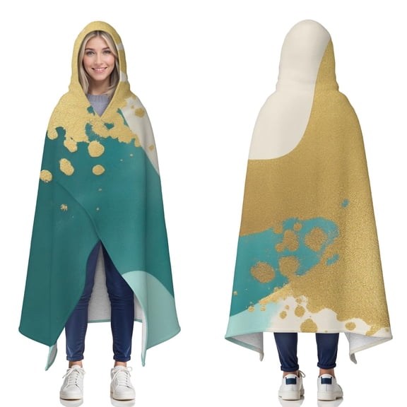 Wearable Blanket,Teal and Gold Marble Wavy Lines Pattern Hooded Wearable Sherpa Blanket for Adults & Teens,Winter Poncho Shawl Wrap Cape Thick Warm,50"x60"