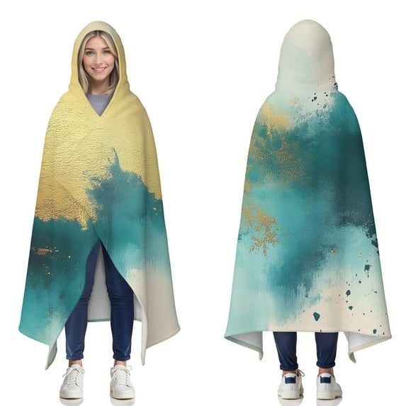 Wearable Blanket,Teal Marble Gold Abstract Pattern Hooded Wearable Sherpa Blanket for Adults & Teens,Winter Poncho Shawl Wrap Cape Thick Warm,60"x80"