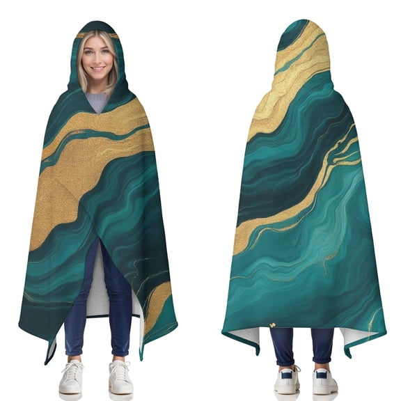 Wearable Blanket,Teal Marble Gold Line Pattern Hooded Wearable Sherpa Blanket for Adults & Teens,Winter Poncho Shawl Wrap Cape Thick Warm,50"x60"