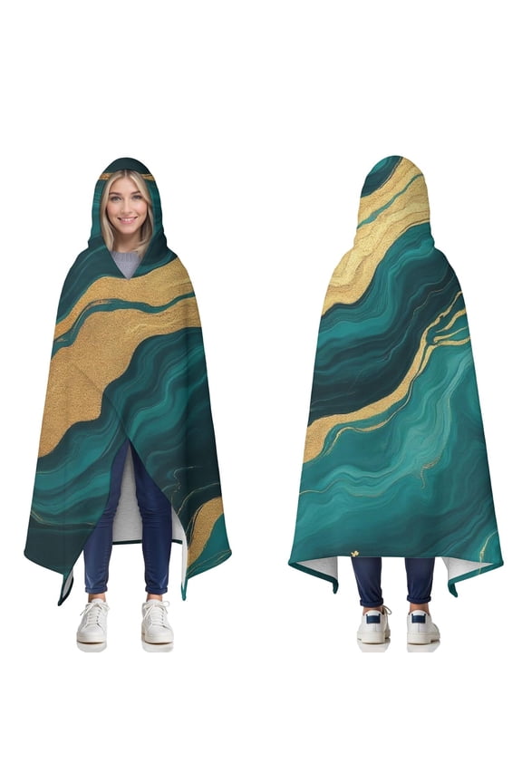 Wearable Blanket,Teal Marble Gold Line Pattern Hooded Wearable Sherpa Blanket for Adults & Teens,Winter Poncho Shawl Wrap Cape Thick Warm,50"x60"