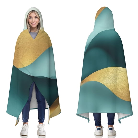 Wearable Blanket,Teal Marble Gold Wave Pattern Hooded Wearable Sherpa Blanket for Adults & Teens,Winter Poncho Shawl Wrap Cape Thick Warm,50"x60"