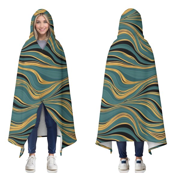 Wearable Blanket,Teal Marble Gold Wave Pattern Hooded Wearable Sherpa Blanket for Adults & Teens,Winter Poncho Shawl Wrap Cape Thick Warm,50"x60"