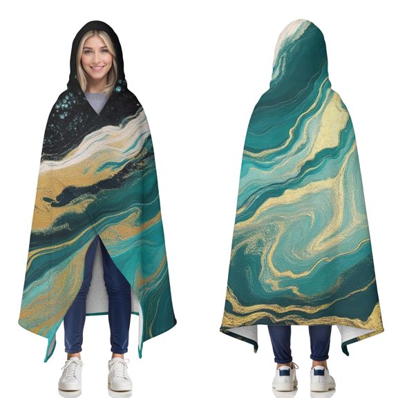 Wearable Blanket,Teal Marble Gold Wave Pattern Hooded Wearable Sherpa Blanket for Adults & Teens,Winter Poncho Shawl Wrap Cape Thick Warm,50"x60"