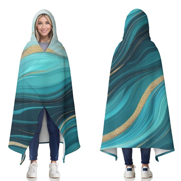 Wearable Blanket,Teal Marble Gold Wave Pattern Hooded Wearable Sherpa Blanket for Adults & Teens,Winter Poncho Shawl Wrap Cape Thick Warm,50"x60"