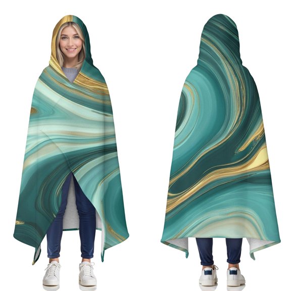 Wearable Blanket,Teal Marble Gold Wave Pattern Hooded Wearable Sherpa Blanket for Adults & Teens,Winter Poncho Shawl Wrap Cape Thick Warm,50"x60"