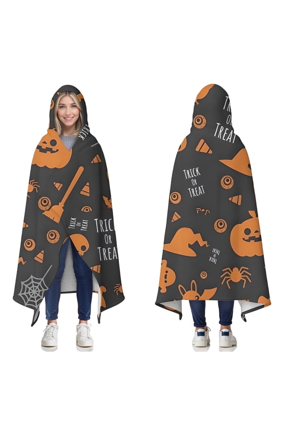 Wearable Blanket,Trick or Treat Halloween Pattern Hooded Wearable Sherpa Blanket for Adults & Teens,Winter Poncho Shawl Wrap Cape Thick Warm,60"x80"