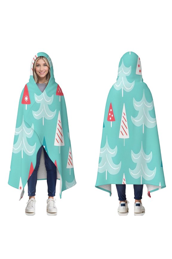 Wearable Blanket,Turquoise Christmas Tree Pattern Hooded Wearable Sherpa Blanket for Adults & Teens,Winter Poncho Shawl Wrap Cape Thick Warm,50"x60"