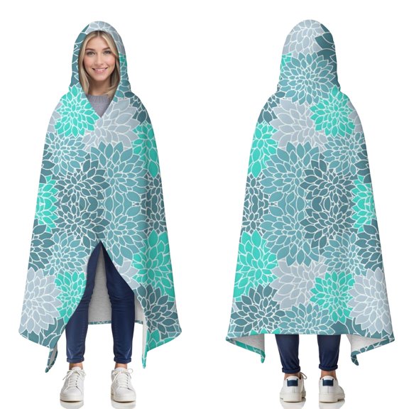 Wearable Blanket,Turquoise Floral and Petal Pattern Hooded Wearable Sherpa Blanket for Adults & Teens,Winter Poncho Shawl Wrap Cape Thick Warm,60"x80"