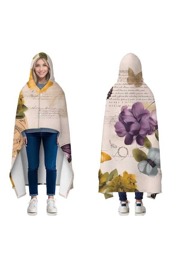 Wearable Blanket,Vintage Butterfly Flower Pattern Hooded Wearable Flannel Blanket for Adults & Teens with Buckle,Winter Poncho Shawl Wrap Cape,50"x60"