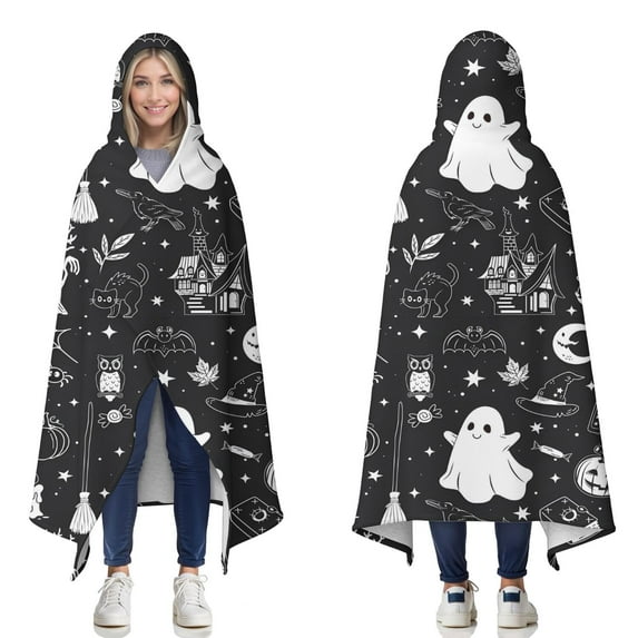 Wearable Blanket,Vintage Halloween Elements Pattern Hooded Wearable Sherpa Blanket for Adults & Teens,Winter Poncho Shawl Wrap Cape Thick Warm,60"x80"