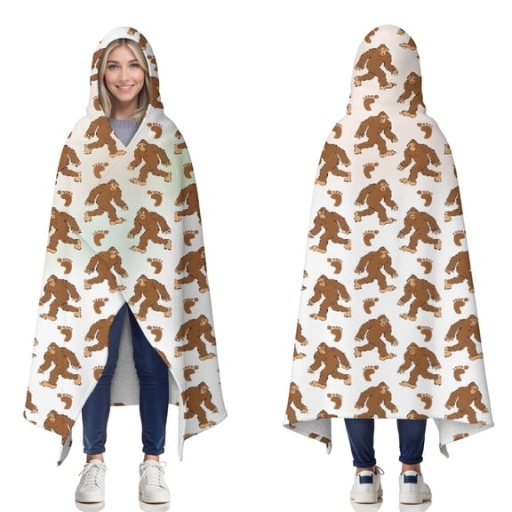 Wearable Blanket,White Bigfoot and Footprint Pattern Hooded Wearable Sherpa Blanket for Adults & Teens,Winter Poncho Shawl Wrap Cape Thick Warm,50"x60"