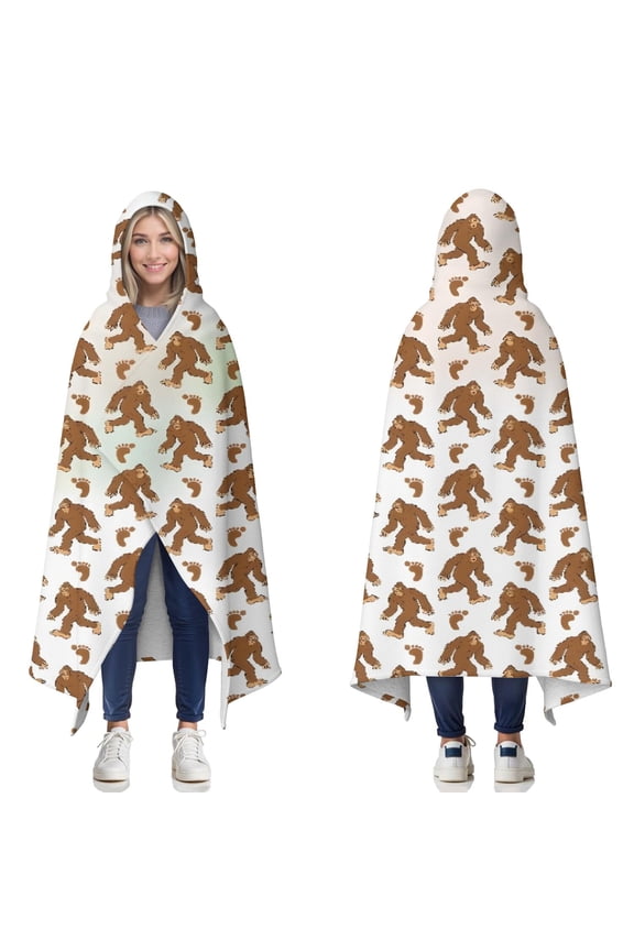 Wearable Blanket,White Bigfoot and Footprint Pattern Hooded Wearable Sherpa Blanket for Adults & Teens,Winter Poncho Shawl Wrap Cape Thick Warm,60"x80"