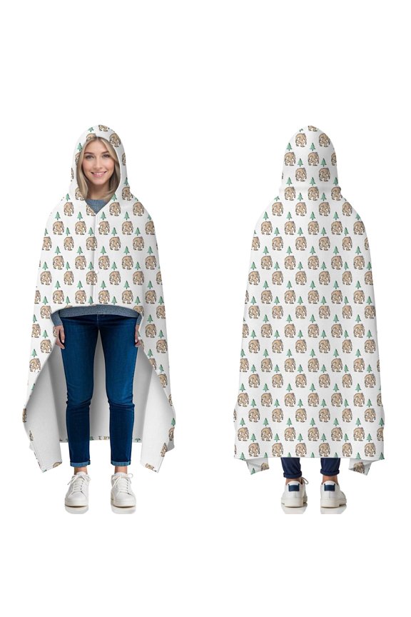 Wearable Blanket,White Bigfoot and Pine Tree Pattern Hooded Wearable Flannel Blanket for Adults & Teens with Buckle,Winter Poncho Shawl Wrap Cape,50"x60"