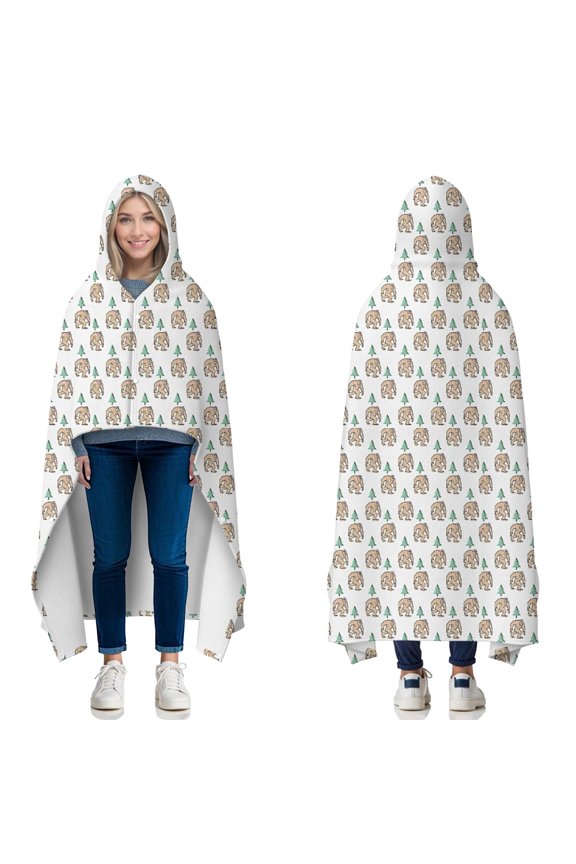 Wearable Blanket,White Bigfoot and Pine Tree Pattern Hooded Wearable Flannel Blanket for Adults & Teens with Buckle,Winter Poncho Shawl Wrap Cape,60"x80"