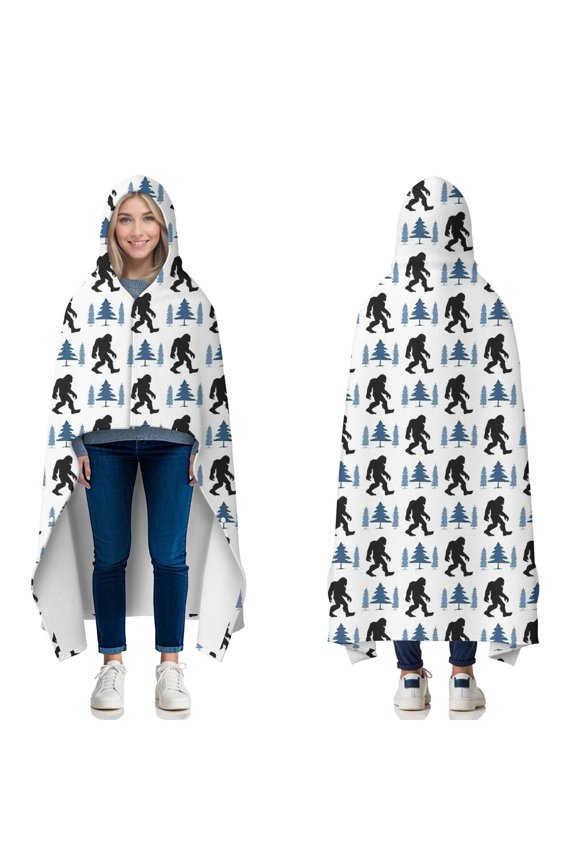 Wearable Blanket,White Bigfoot and Pine Tree Pattern Hooded Wearable Flannel Blanket for Adults & Teens with Buckle,Winter Poncho Shawl Wrap Cape,60"x80"