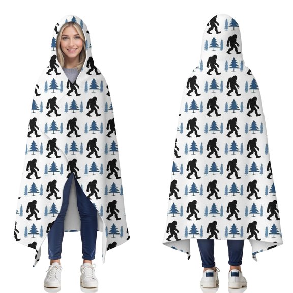 Wearable Blanket,White Bigfoot and Pine Tree Pattern Hooded Wearable Flannel Blanket for Adults & Teens,Winter Poncho Shawl Wrap Cape Cozy Anti-Pill,50"x60"