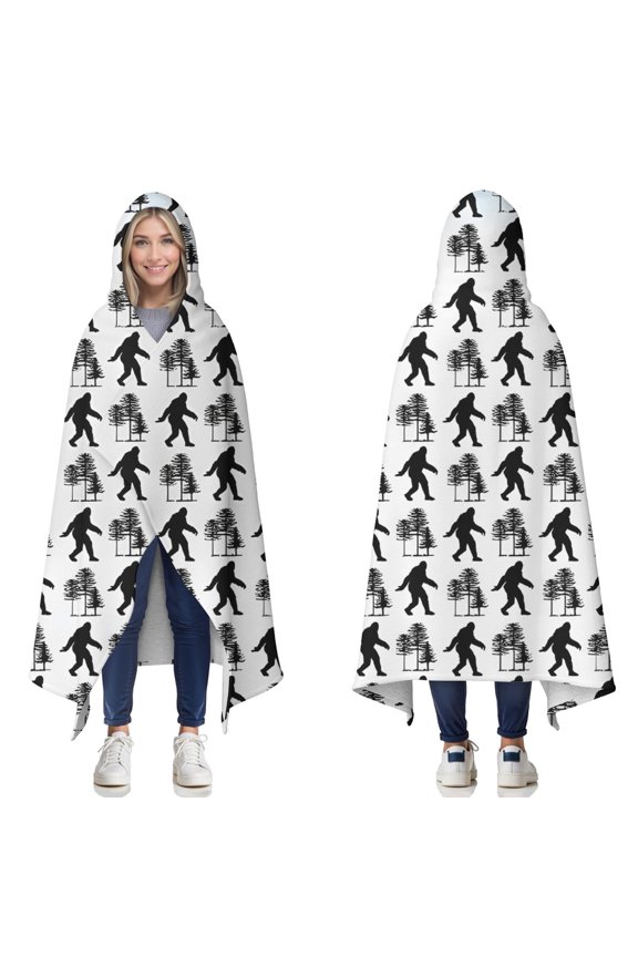Wearable Blanket,White Bigfoot and Tree Pattern Hooded Wearable Sherpa Blanket for Adults & Teens,Winter Poncho Shawl Wrap Cape Thick Warm,60"x80"