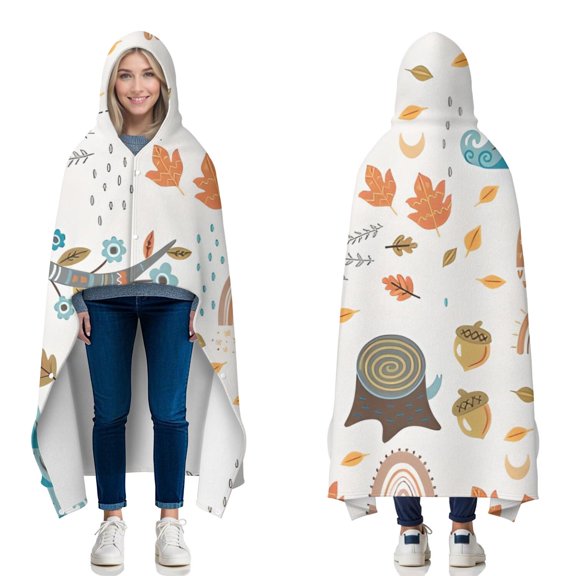 Wearable Blanket,White Boho Bohemia Rainbow Autumn Leaves Trees Pattern Hooded Wearable Flannel Blanket for Adults & Teens with Buckle,Winter Poncho Shawl Wrap Cape,50"x60"