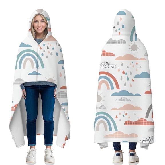 Wearable Blanket,White Boho Bohemia Rainbow Clouds Sun Pattern Hooded Wearable Flannel Blanket for Adults & Teens with Buckle,Winter Poncho Shawl Wrap Cape,50"x60"