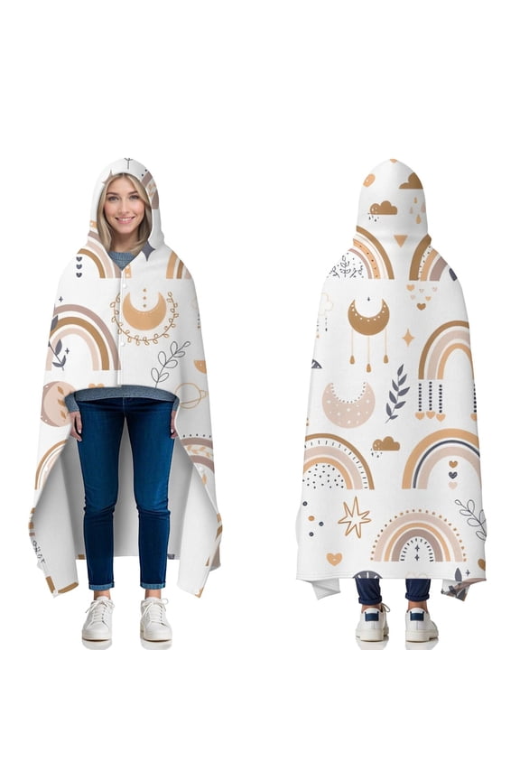 Wearable Blanket,White Boho Bohemia Rainbow Sun Moon Pattern Hooded Wearable Flannel Blanket for Adults & Teens with Buckle,Winter Poncho Shawl Wrap Cape,60"x80"