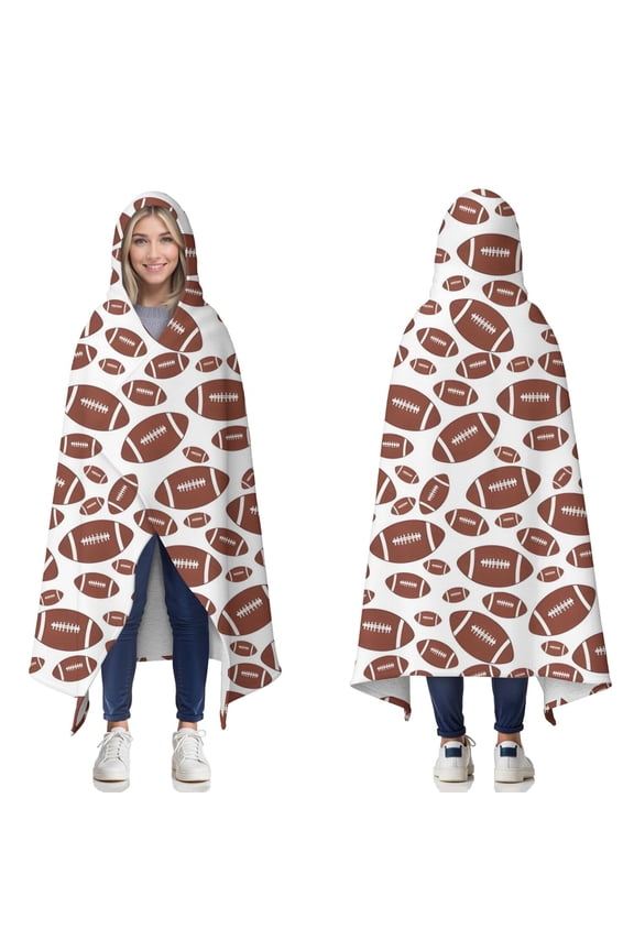 Wearable Blanket,White Brown Footballs Pattern Hooded Wearable Sherpa Blanket for Adults & Teens,Winter Poncho Shawl Wrap Cape Thick Warm,60"x80"
