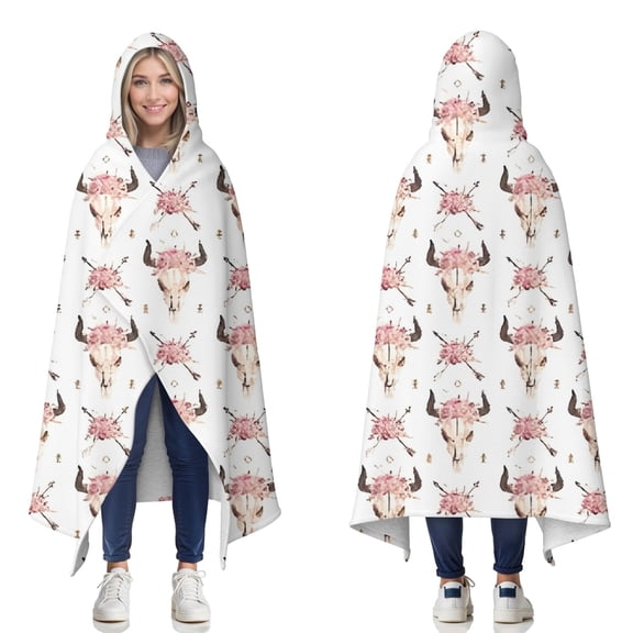 Wearable Blanket,White Buffalo Skull Flower Arrow Pattern Hooded Wearable Sherpa Blanket for Adults & Teens,Winter Poncho Shawl Wrap Cape Thick Warm,50"x60"