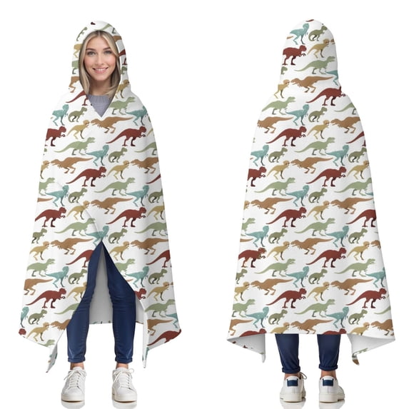 Wearable Blanket,White Cartoon Colorful Dinosaurs Pattern Hooded Wearable Flannel Blanket for Adults & Teens,Winter Poncho Shawl Wrap Cape Cozy Anti-Pill,60"x80"
