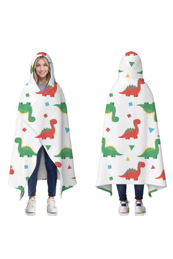 Wearable Blanket,White Cartoon Dinosaurs Geometric Shapes Pattern Hooded Wearable Sherpa Blanket for Adults & Teens,Winter Poncho Shawl Wrap Cape Thick Warm,50"x60"