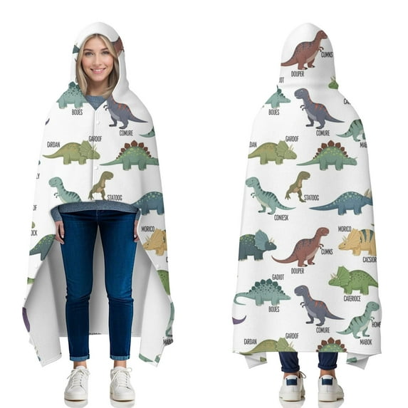 Wearable Blanket,White Cartoon Dinosaurs Names Pattern Hooded Wearable Flannel Blanket for Adults & Teens with Buckle,Winter Poncho Shawl Wrap Cape,50"x60"
