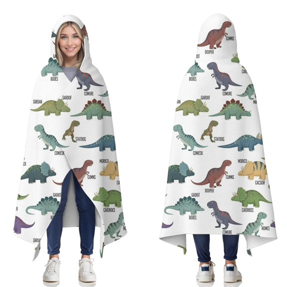 Wearable Blanket,White Cartoon Dinosaurs Names Pattern Hooded Wearable Flannel Blanket for Adults & Teens,Winter Poncho Shawl Wrap Cape Cozy Anti-Pill,50"x60"