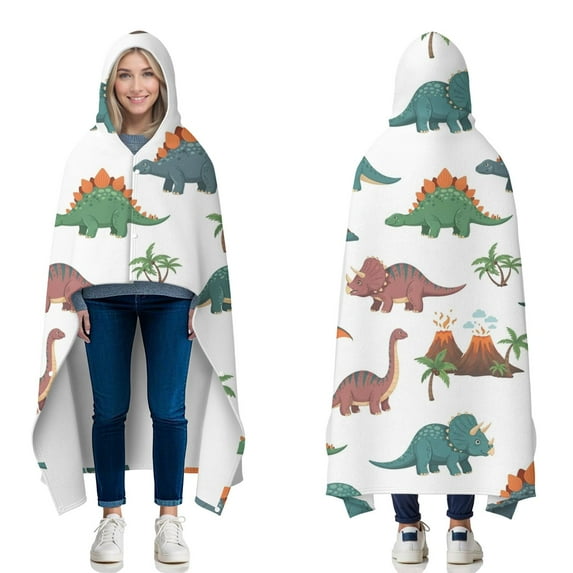Wearable Blanket,White Cartoon Dinosaurs Volcanoes Pattern Hooded Wearable Flannel Blanket for Adults & Teens with Buckle,Winter Poncho Shawl Wrap Cape,60"x80"
