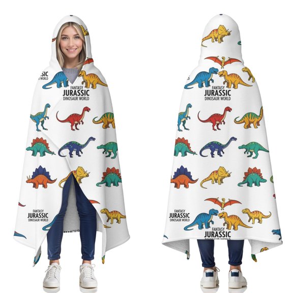 Wearable Blanket,White Cartoon Fantasy Dinosaurs Pattern Hooded Wearable Sherpa Blanket for Adults & Teens,Winter Poncho Shawl Wrap Cape Thick Warm,50"x60"
