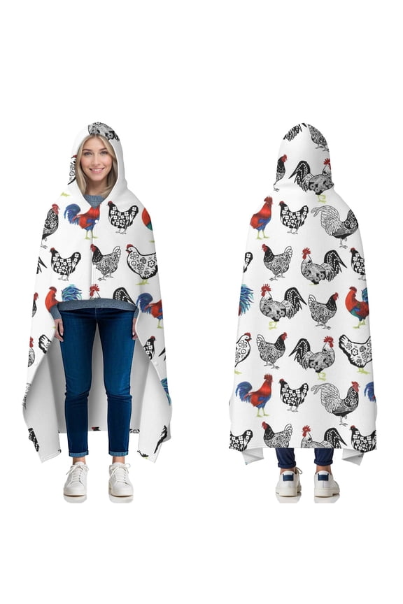 Wearable Blanket,White Chicken Folk Pattern Hooded Wearable Flannel Blanket for Adults & Teens with Buckle,Winter Poncho Shawl Wrap Cape,50"x60"