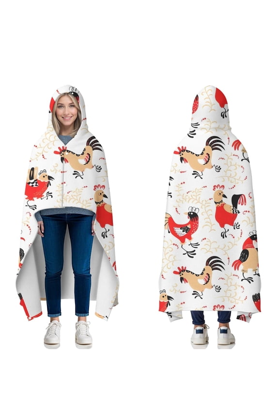 Wearable Blanket,White Chicken Folk Pattern Hooded Wearable Flannel Blanket for Adults & Teens with Buckle,Winter Poncho Shawl Wrap Cape,50"x60"