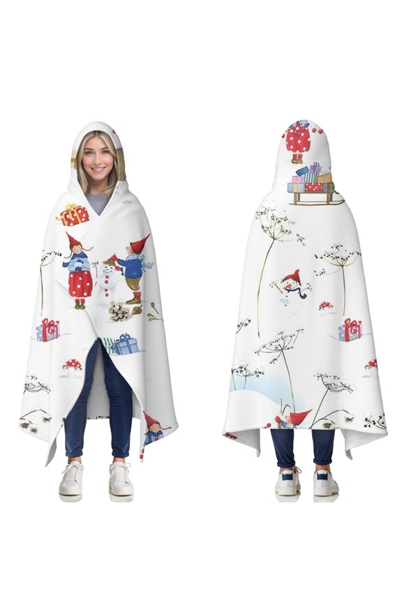 Wearable Blanket,White Christmas Gnome Pattern Hooded Wearable Sherpa Blanket for Adults & Teens,Winter Poncho Shawl Wrap Cape Thick Warm,50"x60"