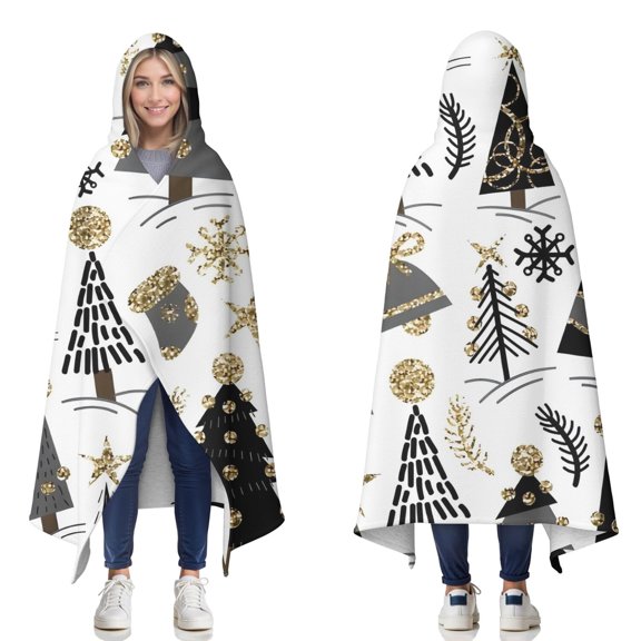 Wearable Blanket,White Christmas Tree and Snowflake Pattern Hooded Wearable Sherpa Blanket for Adults & Teens,Winter Poncho Shawl Wrap Cape Thick Warm,50"x60"