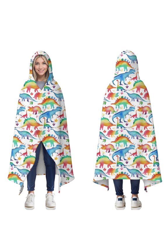 Wearable Blanket,White Colorful Dinosaurs Pattern Hooded Wearable Sherpa Blanket for Adults & Teens,Winter Poncho Shawl Wrap Cape Thick Warm,50"x60"