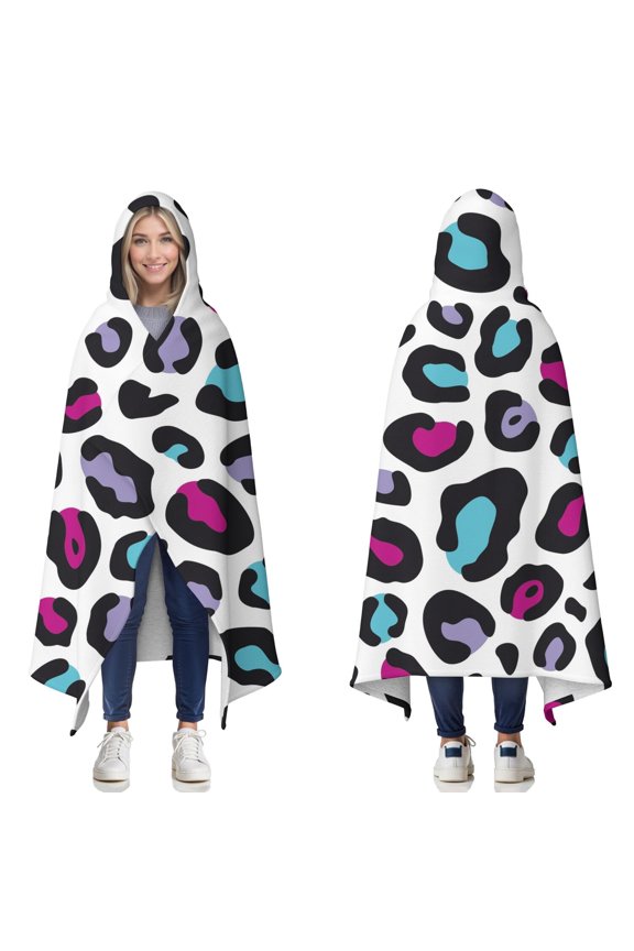 Wearable Blanket,White and Colorful Of Leopard Print Hooded Wearable Sherpa Blanket for Adults & Teens,Winter Poncho Shawl Wrap Cape Thick Warm,50"x60"