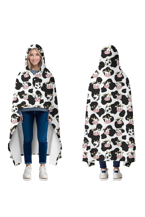 Wearable Blanket,White Cow Black Spot Face Pattern Hooded Wearable Flannel Blanket for Adults & Teens with Buckle,Winter Poncho Shawl Wrap Cape,50"x60"