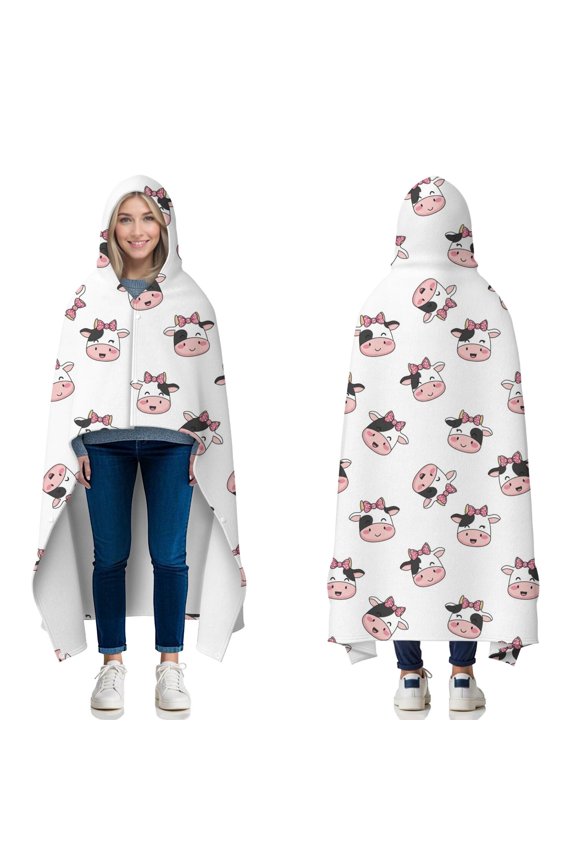Wearable Blanket,White Cow Bow Pattern Hooded Wearable Flannel Blanket for Adults & Teens with Buckle,Winter Poncho Shawl Wrap Cape,50"x60"