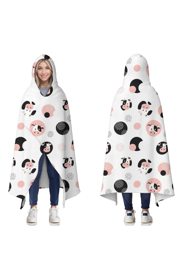 Wearable Blanket,White Cow Geometric Pattern Hooded Wearable Sherpa Blanket for Adults & Teens,Winter Poncho Shawl Wrap Cape Thick Warm,60"x80"