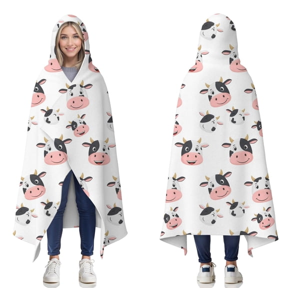 Wearable Blanket,White Cow Happy Face Pattern Hooded Wearable Flannel Blanket for Adults & Teens,Winter Poncho Shawl Wrap Cape Cozy Anti-Pill,50"x60"