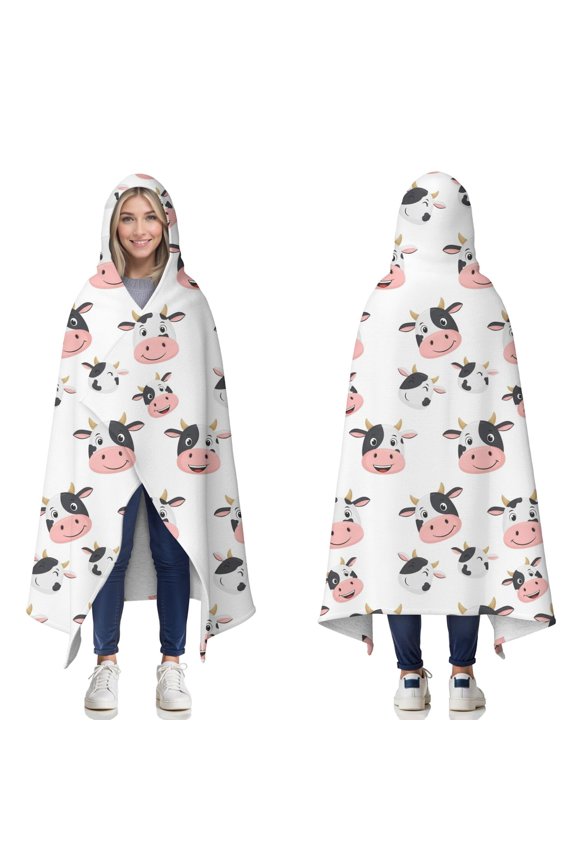 Wearable Blanket,White Cow Happy Face Pattern Hooded Wearable Sherpa Blanket for Adults & Teens,Winter Poncho Shawl Wrap Cape Thick Warm,60"x80"