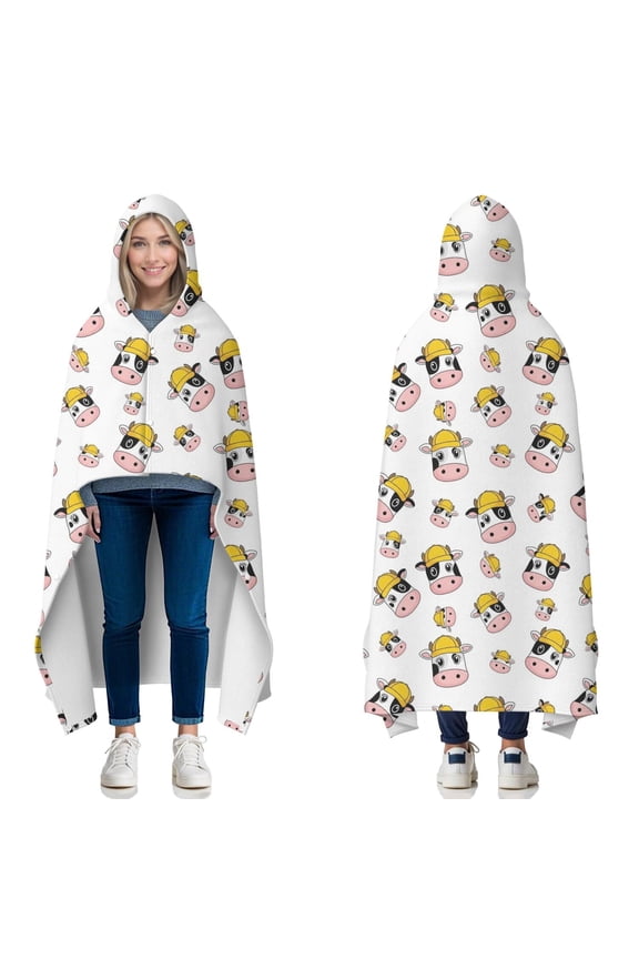 Wearable Blanket,White Cow Head Hat Pattern Hooded Wearable Flannel Blanket for Adults & Teens with Buckle,Winter Poncho Shawl Wrap Cape,50"x60"