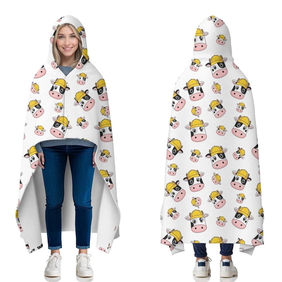 Wearable Blanket,White Cow Head Hat Pattern Hooded Wearable Flannel Blanket for Adults & Teens with Buckle,Winter Poncho Shawl Wrap Cape,50"x60"