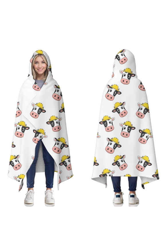 Wearable Blanket,White Cow Head Hat Pattern Hooded Wearable Sherpa Blanket for Adults & Teens,Winter Poncho Shawl Wrap Cape Thick Warm,60"x80"