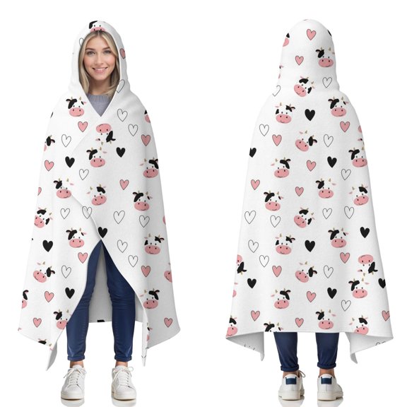 Wearable Blanket,White Cow Heart Pattern Hooded Wearable Flannel Blanket for Adults & Teens,Winter Poncho Shawl Wrap Cape Cozy Anti-Pill,50"x60"
