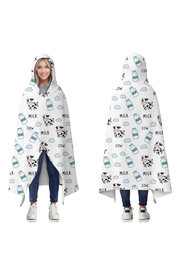 Wearable Blanket,White Cow Milk Cloud Pattern Hooded Wearable Flannel Blanket for Adults & Teens,Winter Poncho Shawl Wrap Cape Cozy Anti-Pill,50"x60"